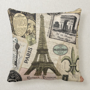 Coussin Collage vintage moderne de voyage de Français