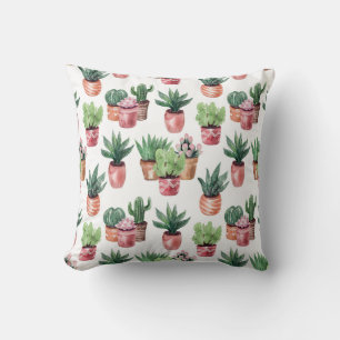 Coussin Collection de cactus dans des pots, aquarelle.