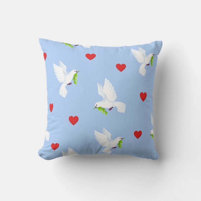 Coussin Colombe blanche avec branche d'olivier et cœurs ro (Recto)