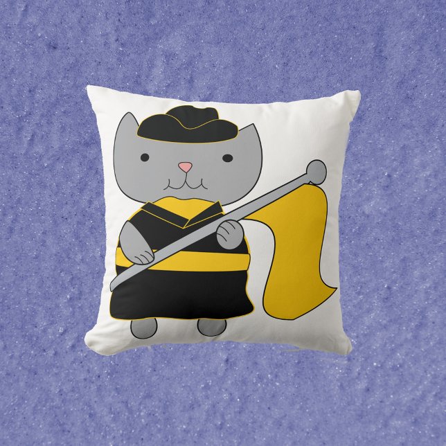 Coussin Color Guard Gray Cat Black and Yellow Gold (A throw pillow featuring a gray cat wearing a black and yellow gold color guard uniform.)