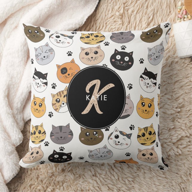 Coussin Coloré Cute Funny Chats & Paw Motif Monogramme (Couverture)