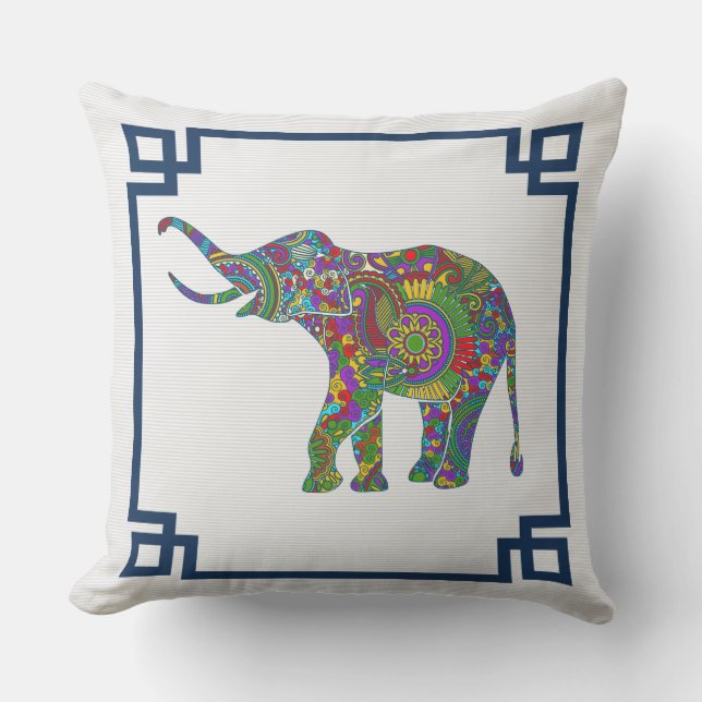 Coussin Coloré Eléphant Floral Cadre Bleu (Recto)