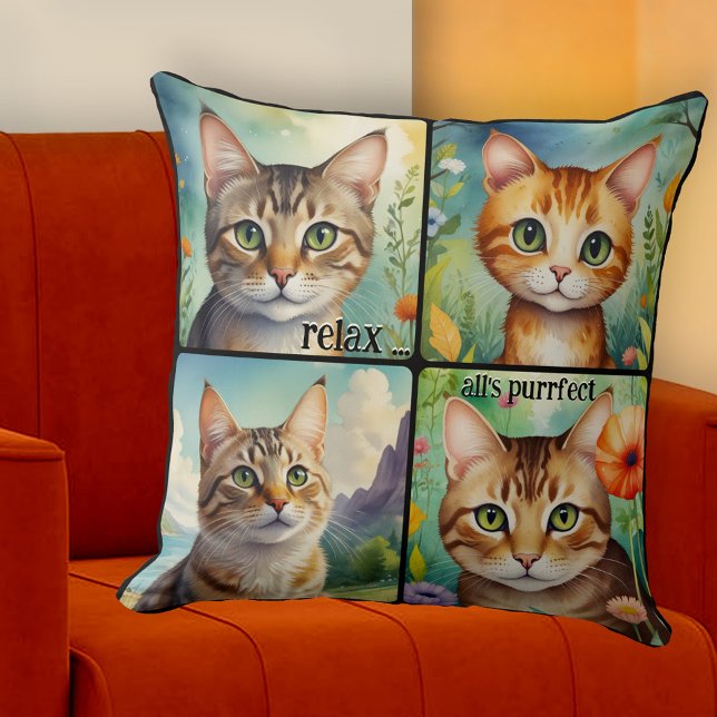 Coussin Colorful Cats Fun Artistic  (Pillow featuring 4 colorful paintings of beautiful cats. A cheerful addition to any space)