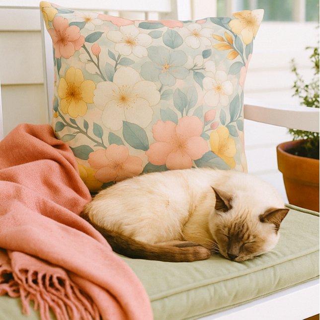 Coussin Colorful Floral on Light Gray  (Cozy moments on the porch with floral throw pillow and your cat )