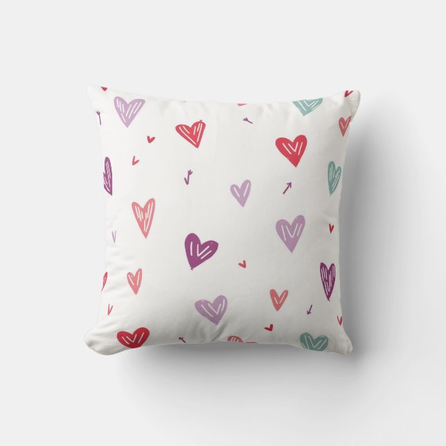 Coussin Colorful Hand-Drawn Hearts Throw Pillow (Recto)