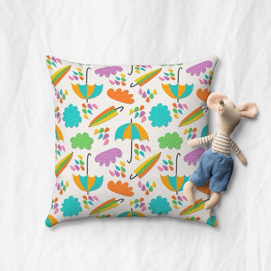 Coussin Colorful Umbrellas with Clouds and Raindrops