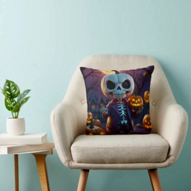 Coussin Compagnon squelette de champ de citrouilles (Throw Pillow 100% polyester heavyweight stretch material. Hidden zipper Made in the USA.
)