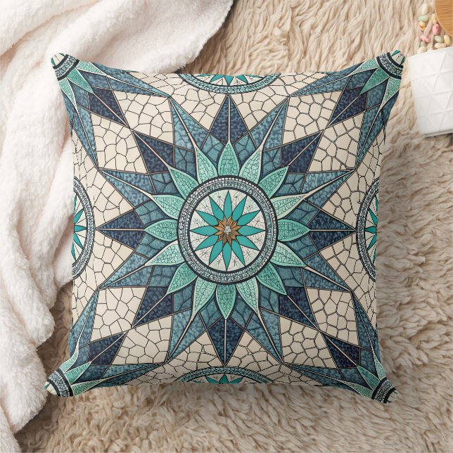 Coussin Compas Mosaïque Indigo Turquoise – Vitrail (Couverture)