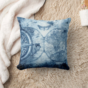Coussin Compas vintage   Bleu Grunge carte marine