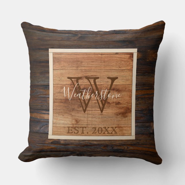 Coussin Conception Carré de monogramme en bois rustique (Recto)