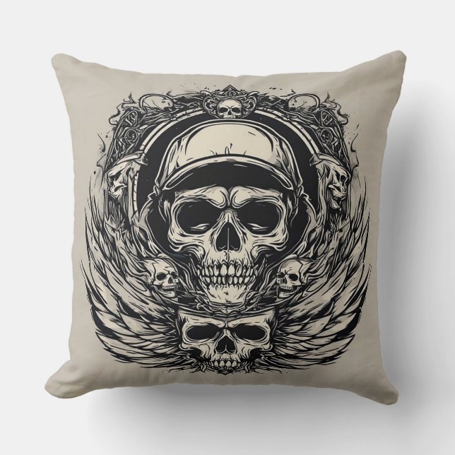 Coussin Conception de crâne avec ailes et symboles (Recto)