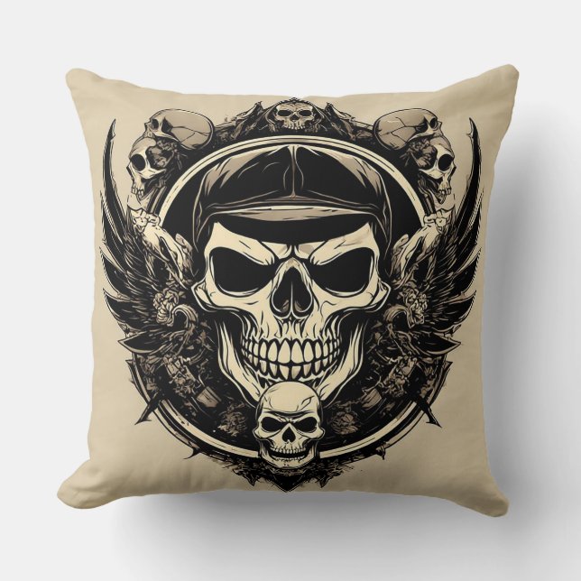 Coussin Conception de crâne avec ailes et symboles (Recto)