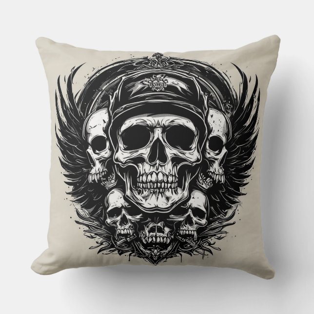 Coussin Conception de crâne avec ailes et symboles (Recto)