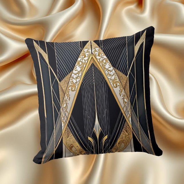 Coussin Conception de dentelle géométrique noir or vieilli (Créateur téléchargé)