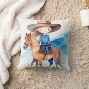 Coussin Conception de fille de cowgirl mignonne à cheval e