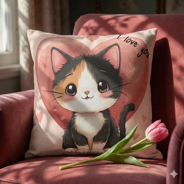 Coussin Conception de la Saint-Valentin en forme de cœur d (Kawaii Calico Cat Heart Valentine Design Throw Pillow Mockup A)