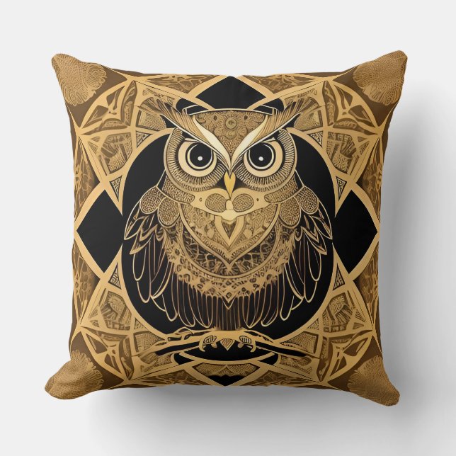 Coussin Conception de mandala de hibou décoratif en or (Recto)