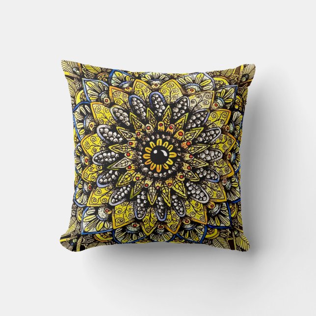 Coussin Conception de mandala dessinée à la main jaune ver (Recto)