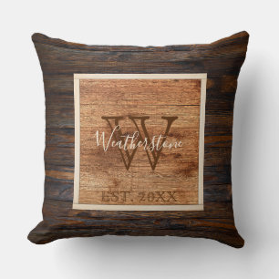 Coussin Conception de monogramme carré de ton de bois rust
