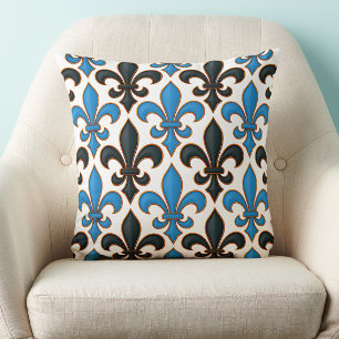 Coussin Conception de motif baroque fleur de lis noir bleu