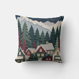 Coussin Conception de Noël, village d'hiver en papier déco