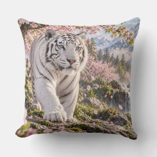 Coussin Conception de tigre blanc à fleurs de cerisier