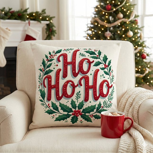 Coussin Conception de typographie de couronne de Noël Ho H (Ho Ho Ho Christmas Wreath Typography Design Throw Pillow Mockup A)