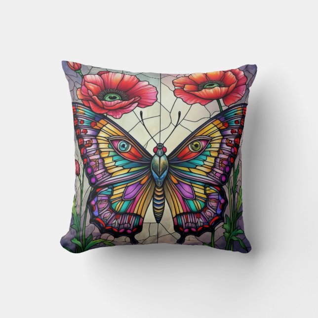 Coussin Conception de vitrail papillon fleur de pavot (Recto)