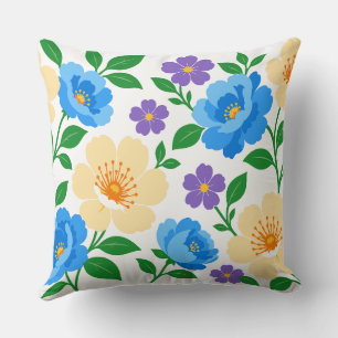 Coussin Conception florale avec des fleurs bleues, crème e