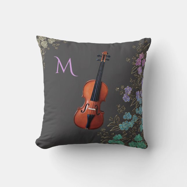 Coussin Conception florale de violon de monogramme (Recto)