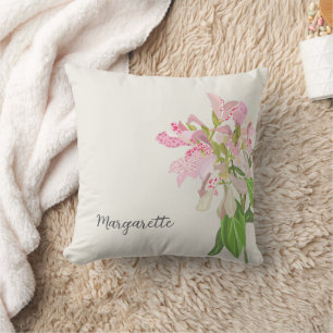Coussin Conception florale d'orchidée rose – Art botanique