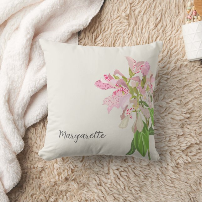 Coussin Conception florale d'orchidée rose – Art botanique (Couverture)
