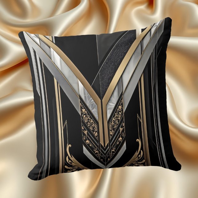 Coussin Conception géométrique V noir or Art Déco (Créateur téléchargé)