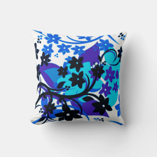 Coussin Conception graphique botanique bleue [Fleur rétro]