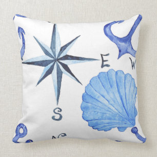 Coussin Conception nautique d'aquarelle bleue avec la