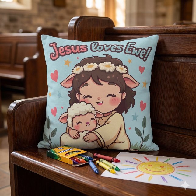 Coussin Conception pastel chrétienne kawaii "Jésus aime le (Kawaii Christian Jesus Loves Ewe Pastel Design Throw Pillow Mockup A)