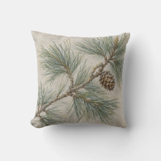Coussin Cône de branche de pin en pierre, aquarelle botani