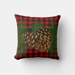 Coussin Cône de pin à carreaux rouges et noirs de campagne