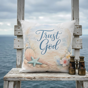 Coussin "Confiez-vous en Dieu" Aquarelle de plage côtière 