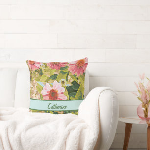 Coussin Confleurs roses du jardin Nom Feuille Personnalisé