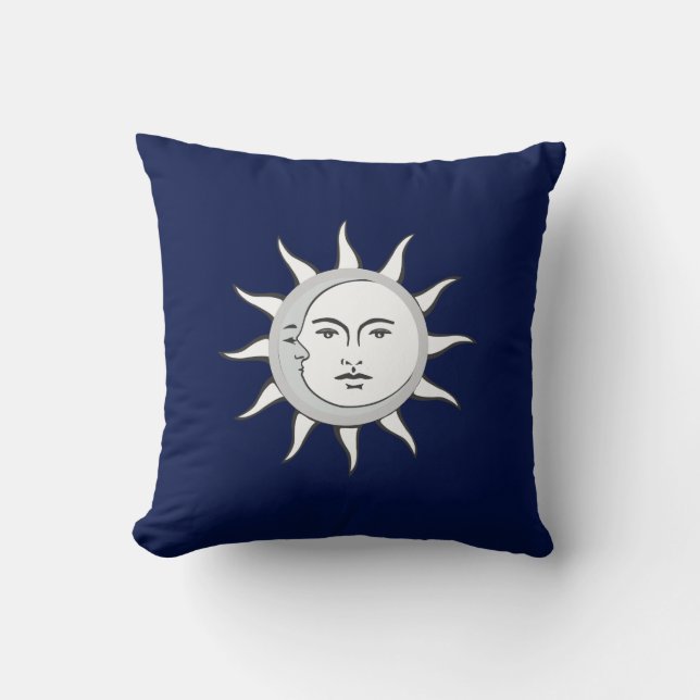 Coussin Conjonction Lune et Soleil sur Fond Bleu Marine (Recto)