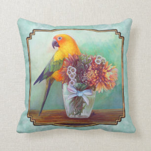 Coussin Conure et fleurs de Sun