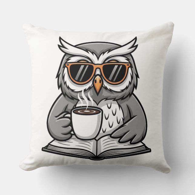 Coussin Cool Owl Reading With Coffee (Recto)