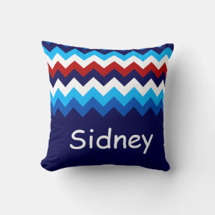 Coussin Cool Rouge Blanc Bleu Chevrons Monogramme Jeu d'or