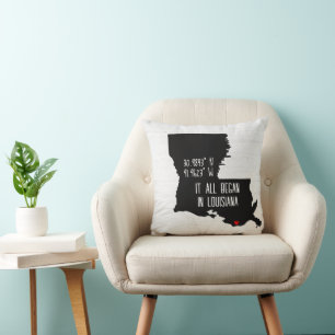 Coussin Coordonnées GPS de Louisiane avec cœur