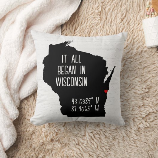 Coussin Coordonnées GPS du Wisconsin avec cœur (Couverture)