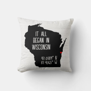 Coussin Coordonnées GPS Wisconsin avec coeur