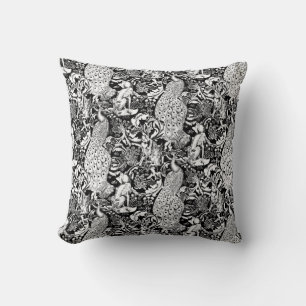 Coussin Copie de paon de Nouveau d'art, noire et blanche