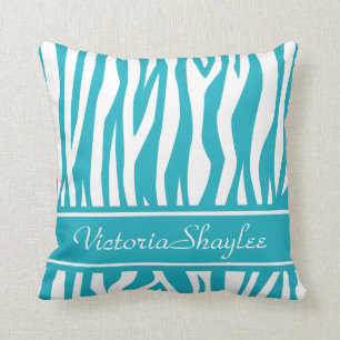 Coussin Copie de zèbre de turquoise avec le texte fait sur