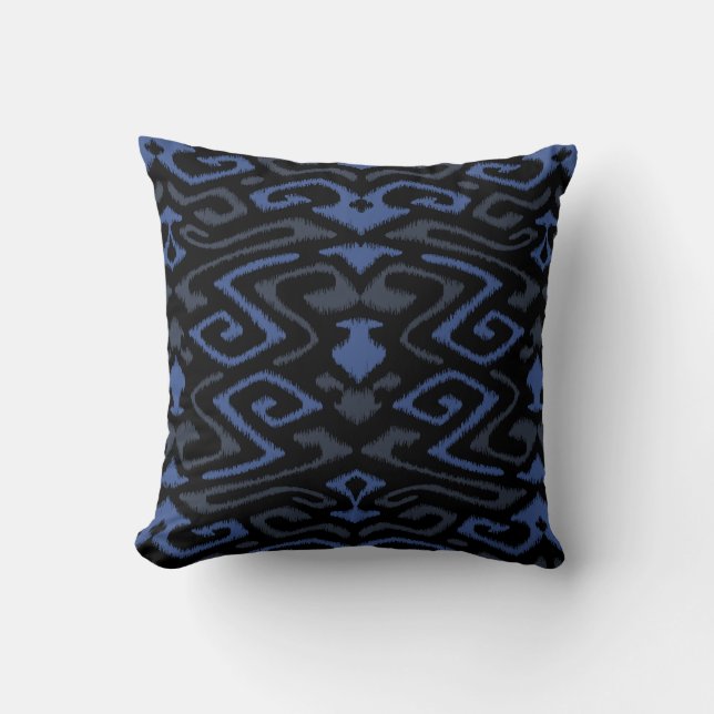 Coussin Copie tribale bleu-foncé et noire chic d'ikat (Recto)